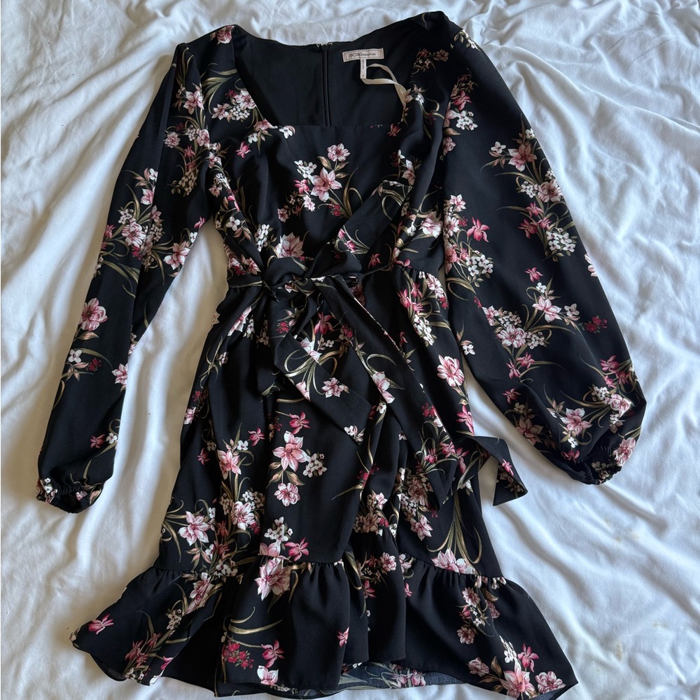 BCBGeneration Pink and Green Bishop Sleeve Mini Dress
